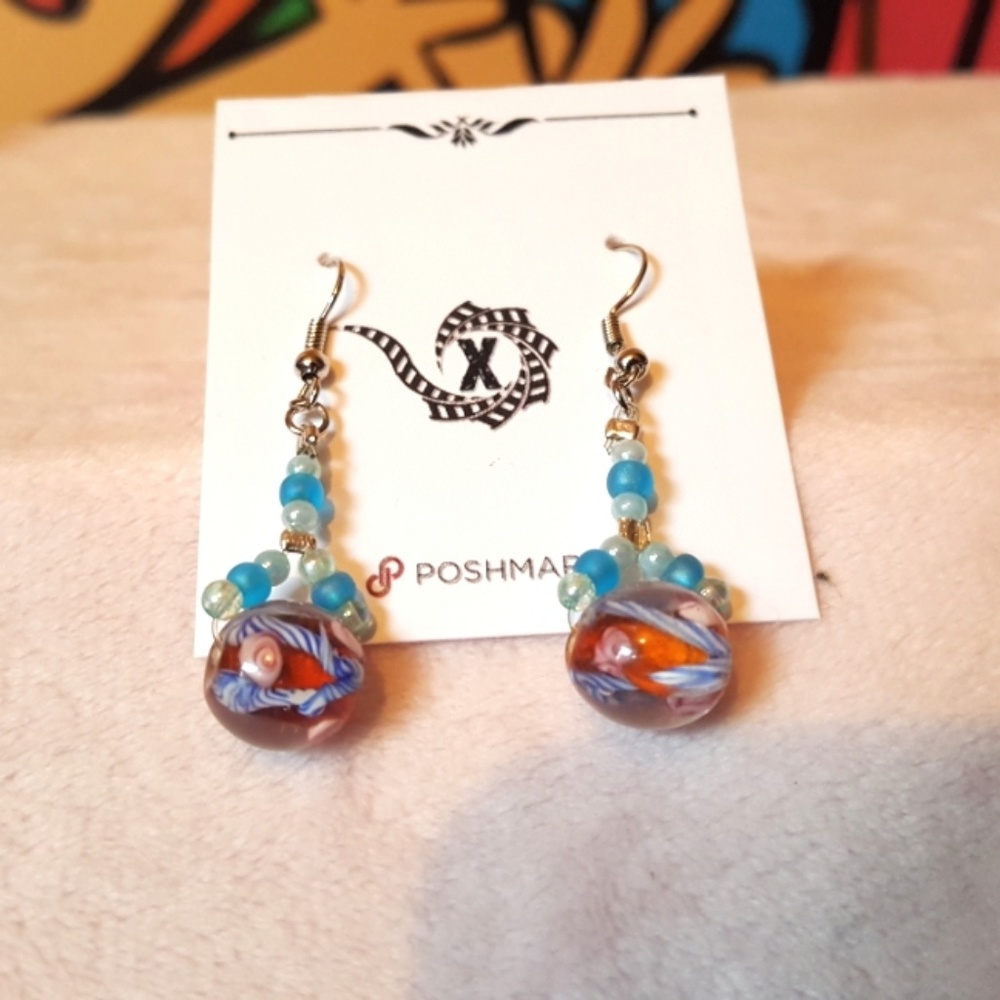⬇️ Glass marble beaded Tropical Dangling Earrings